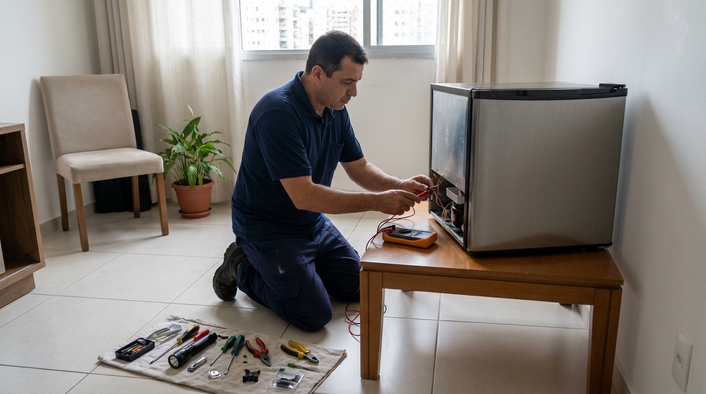 Técnico avaliando um frigobar compacto durante atendimento em Viamão‑RS
